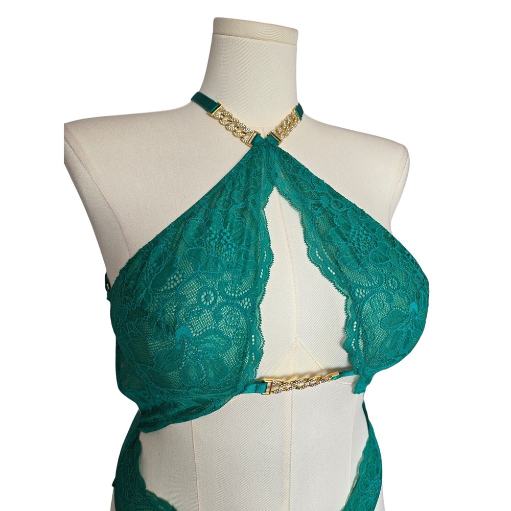 Victoria's Secret Green Lace Cutout Teddy Bodysuit Size L Sexy Gold Chain Glam - Picture 4 of 9